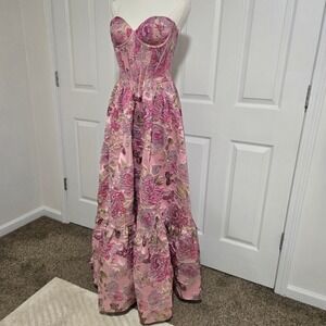 Sherri Hill Gown Womens 2 Pink Gold Floral Butterfly Brocade Corset Ball Gown